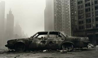 abandonado, destrozado coche en un ciudad. ai generativo. foto