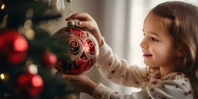 Encantado niño colocación decoraciones en un festivo Navidad árbol. ai generativo. foto