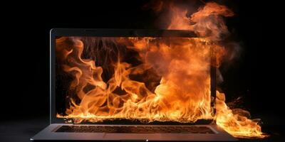 ordenador portátil ferozmente ardiente y de fumar. ai generativo. foto