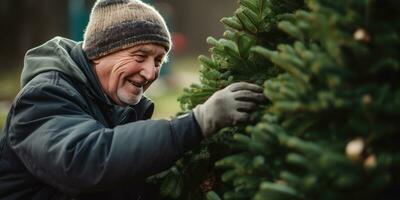 Elderly man selecting a perfect Christmas tree. AI generative. photo