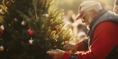 Elderly man selecting a perfect Christmas tree. AI generative. photo