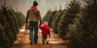 Heartwarming scene of father and son holding hands at a Christmas tree farm. AI generative. photo