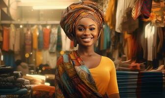 Cheerful African woman showcasing vibrant fabrics. AI generative. photo