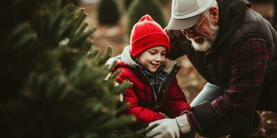 Grandpa and grandson picking out a Christmas tree. AI generative. photo