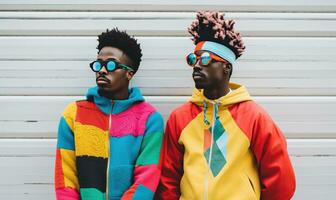 Cheerful black duo in colorful outfits. AI generative. photo