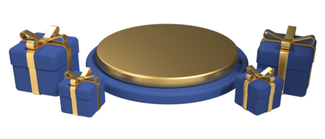 Empty blue gold 3d podium stage and gift box. Empty round golden podium scene and gift box. Empty luxury pedestal and gift box. 3D rendering png