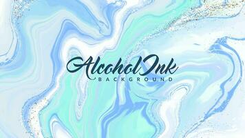 Aesthetic alcohol ink watercolor background. Soft blue color painting with glitters and the golden liquid vector