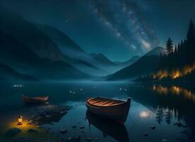 de madera barco en el lago a noche, ai generado. foto