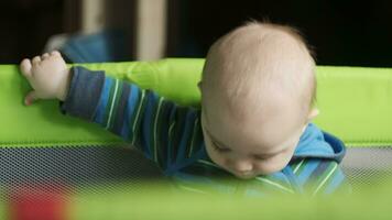 Toddler baby stands in playpen at home. video