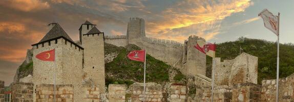 Massive walls and towers on the Danube River, Golubac Fortress, photo