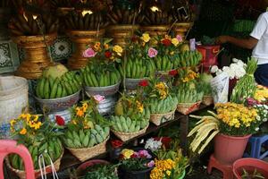 Baskets of green bananas and coconuts photo