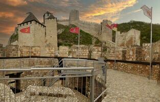Massive walls and towers on the Danube River, Golubac Fortress, photo
