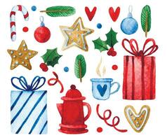 watercolor drawing, set of Christmas elements. gifts, gingerbread cookies, hot chocolate, candy and fir branches vector