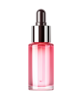 Blank, unbranded cosmetic serum bottle on transparent background. Skin care product, cut out. Pink glass dropper mockup. Skincare, beauty. Front view, ready for your label design. Generative AI. png