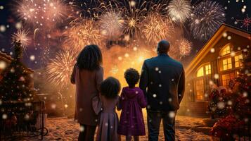 Happy family watching fireworks and Christmas tree at night. New Year celebration concept. photo