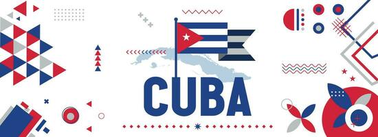 Cuba national or independence day banner design for country celebration. Flag and map of Cuba with modern retro design and abstract geometric icons. Vector illustration.