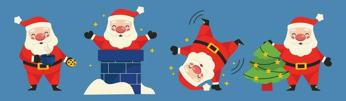 Set of illustrations with funny Santa Claus. Santa eats cookies and drinks coffee, looks out of the chimney, does somersaults, and decorates the Christmas tree. Vector graphic.