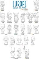 Kids and nationalities of Europe Vector Set 2 of 2. Set of 22 characters for coloring dressed in different national costumes.