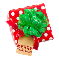 Gift boxes tied with green ribbons and red paper decorations on a transparent background. Merry Christmas typography png