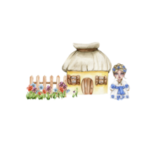 Composition of girl gnome in national ukrainian costume ,country houses and flowers. png