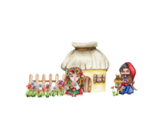 Composition of girl and boy gnome in national ukrainian costume ,country houses and flowers. png