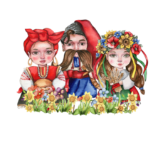 Composition of girl and boy gnome in national ukrainian costume standing in flowers. png