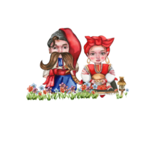 Composition of girl and boy gnome in national ukrainian costume standing in flowers. png