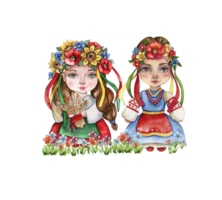 Composition of girl and boy gnome in national ukrainian costume standing in flowers. png