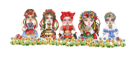 Composition of girl and boy gnome in national ukrainian costume standing in flowers. png