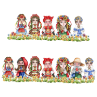 Composition of girl and boy gnome in national ukrainian costume standing in flowers. png
