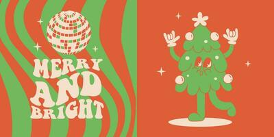 Christmas and New Year retro cartoon Christmas tree character greeting card template with quote - Merry and bright. Christmas tree dancing at a party. Vector mascot illustration in vintage comic style