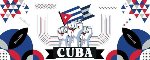 Cuba national or independence day banner design for country celebration. Flag of Cuba with raised fists. Modern retro design with abstract geometric icons. Vector illustration.