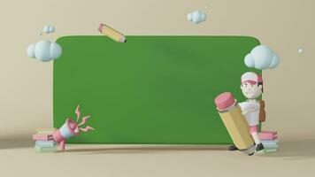 retour à école avec illustration de garçon équitation une crayon crème Contexte et vert planche 3d le rendu, 3d illustration animation boucle. video