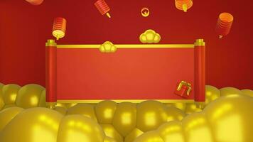 3D gold background with chinese new year with red announcement roll, suitable for product promotion video