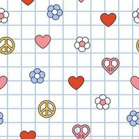 Seamless pattern of groovy hearts, flowers. Cartoon elements in trendy retro style for Valentine day design. Vector illustration