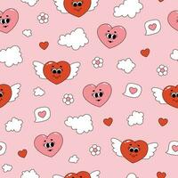 Seamless pattern of groovy hearts, flowers and clouds. Cartoon characters and elements in trendy retro style on pink background. Vector illustration