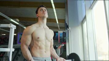 Ripped shirtless young bodybuilder lifting barbell, doing biceps exercise video