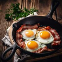 eggs and bacon with a thyme sprig in a frying pan, wooden background. AI Generative photo