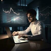 Businessman works with financial data. AI Generative. interface above computer. Interactive financial diagrams and digital data visualization concept. Global e-business network communication photo