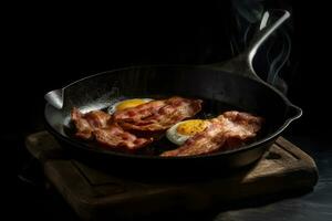 eggs and bacon with a thyme sprig in a frying pan, wooden background. AI Generative photo