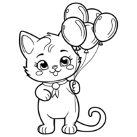 Drawing of a Cute Baby Little Cat Holding Balloons Coloring Page for Kids, AI Generated png