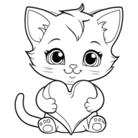 coloration page de une mignonne bébé chat en portant une grand cœur pour enfants, ai généré png