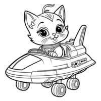 tekening van een schattig baby kat het rijden een ruimteschip kleur bladzijde voor kinderen, ai gegenereerd png