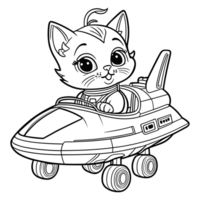 tekening van een schattig baby kat het rijden een ruimteschip kleur bladzijde voor kinderen, ai gegenereerd png