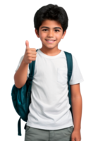 Smiling latino american boy with college backpack with thumb up gesture isolated on transparent background. AI generative png
