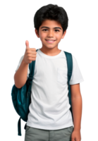 Smiling latino american boy with college backpack with thumb up gesture isolated on transparent background. AI generative png