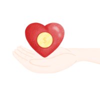 Cartoon hand holding heart and coins, finance icon illustration png