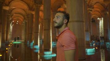 Man looking around in mysterious place. video