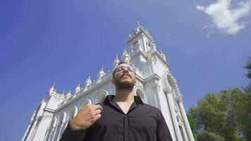 Pilgrimage sign in front of christian church. video