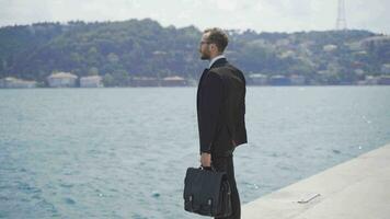 Thoughtful businessman watching the sea. City View. video